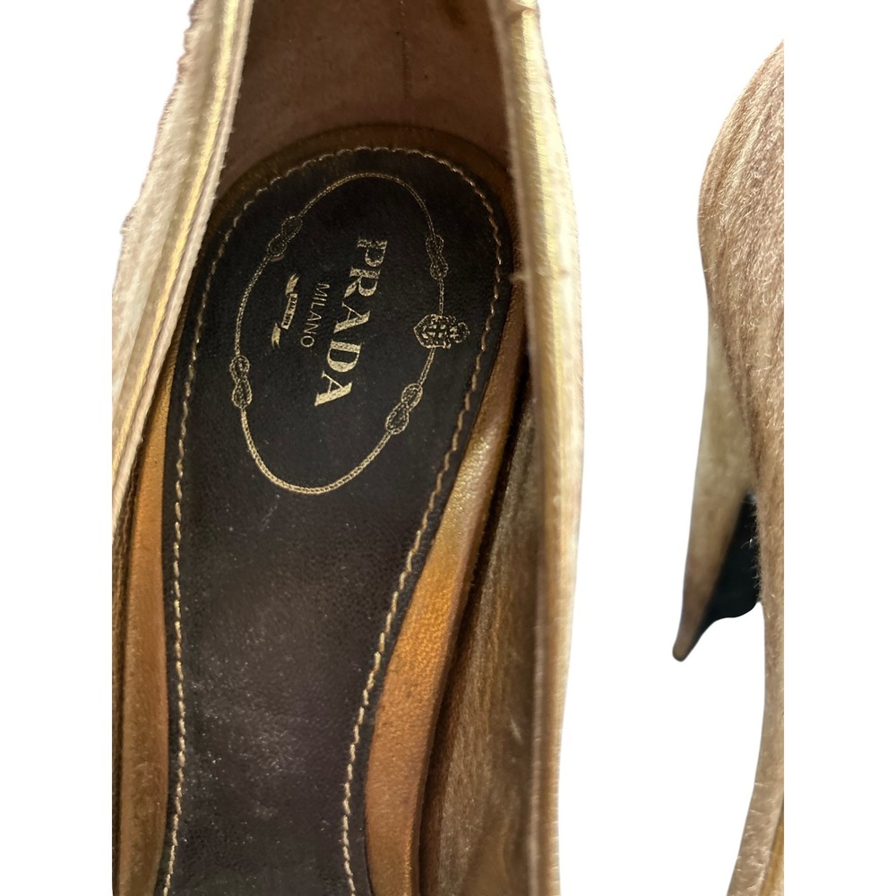 Prada Calf Hair Peep Toe Heels Taupe Gold Trim Platform Stiletto‎ Size 39 - Picture 8 of 16